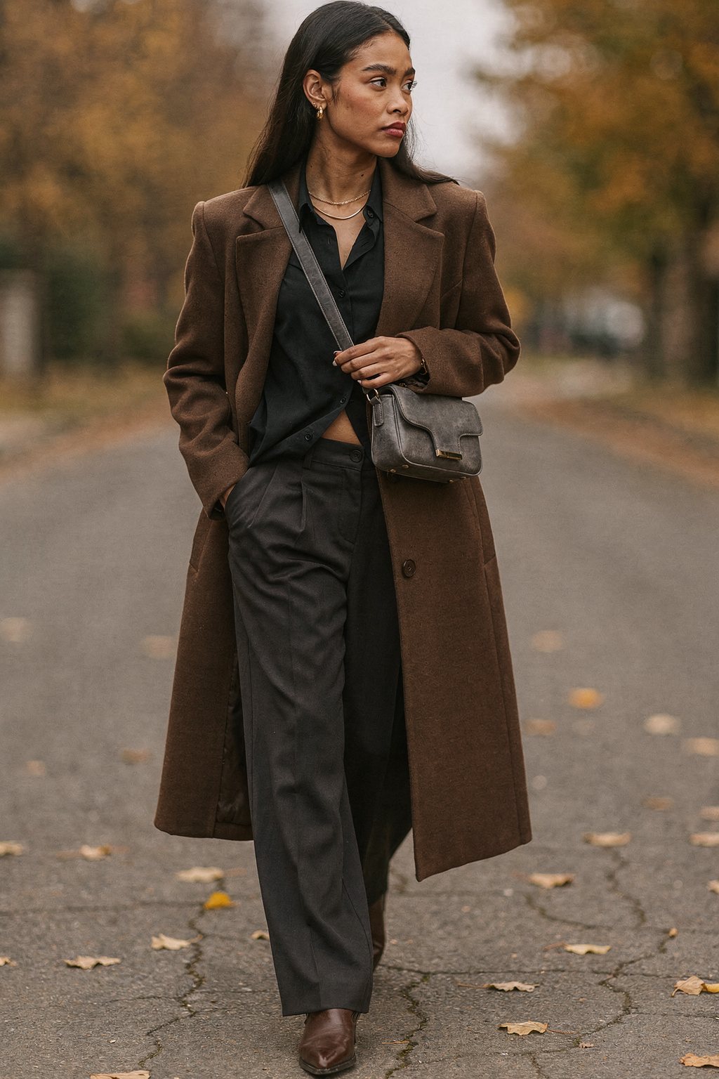 AI-generated image: Office look for autumn with a brown coat and trousers
