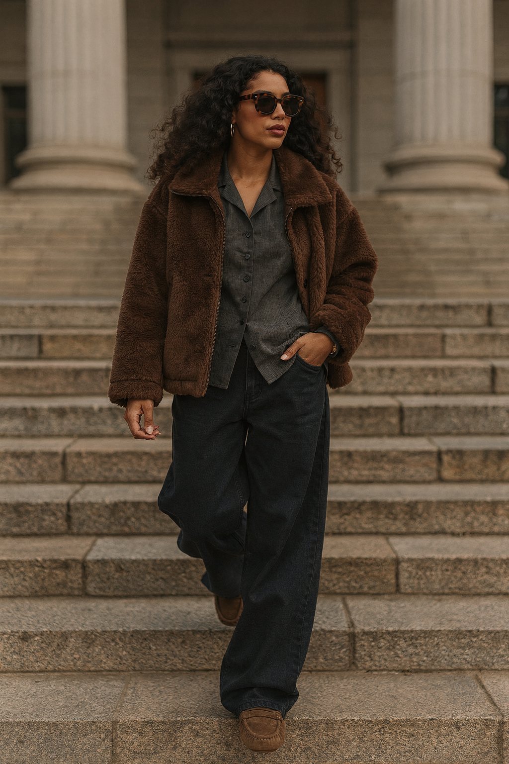 AI-generated outfit image: Campus look for autumn with a brown jacket and loose jeans