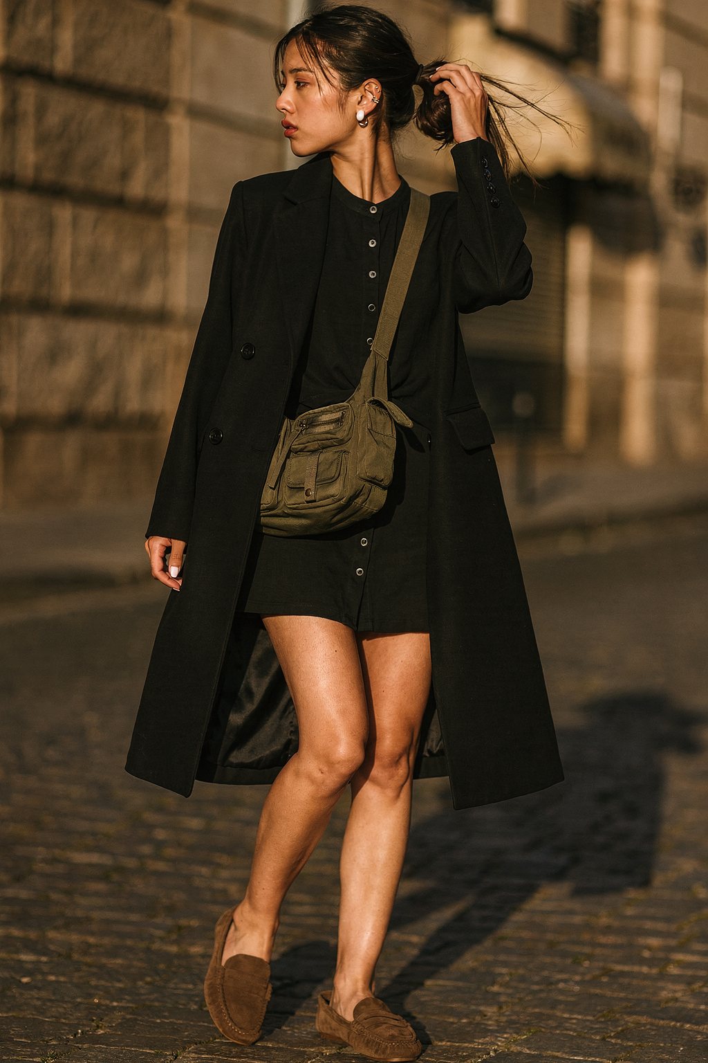 AI-generated outfit image: Weekend look for winter with a black coat