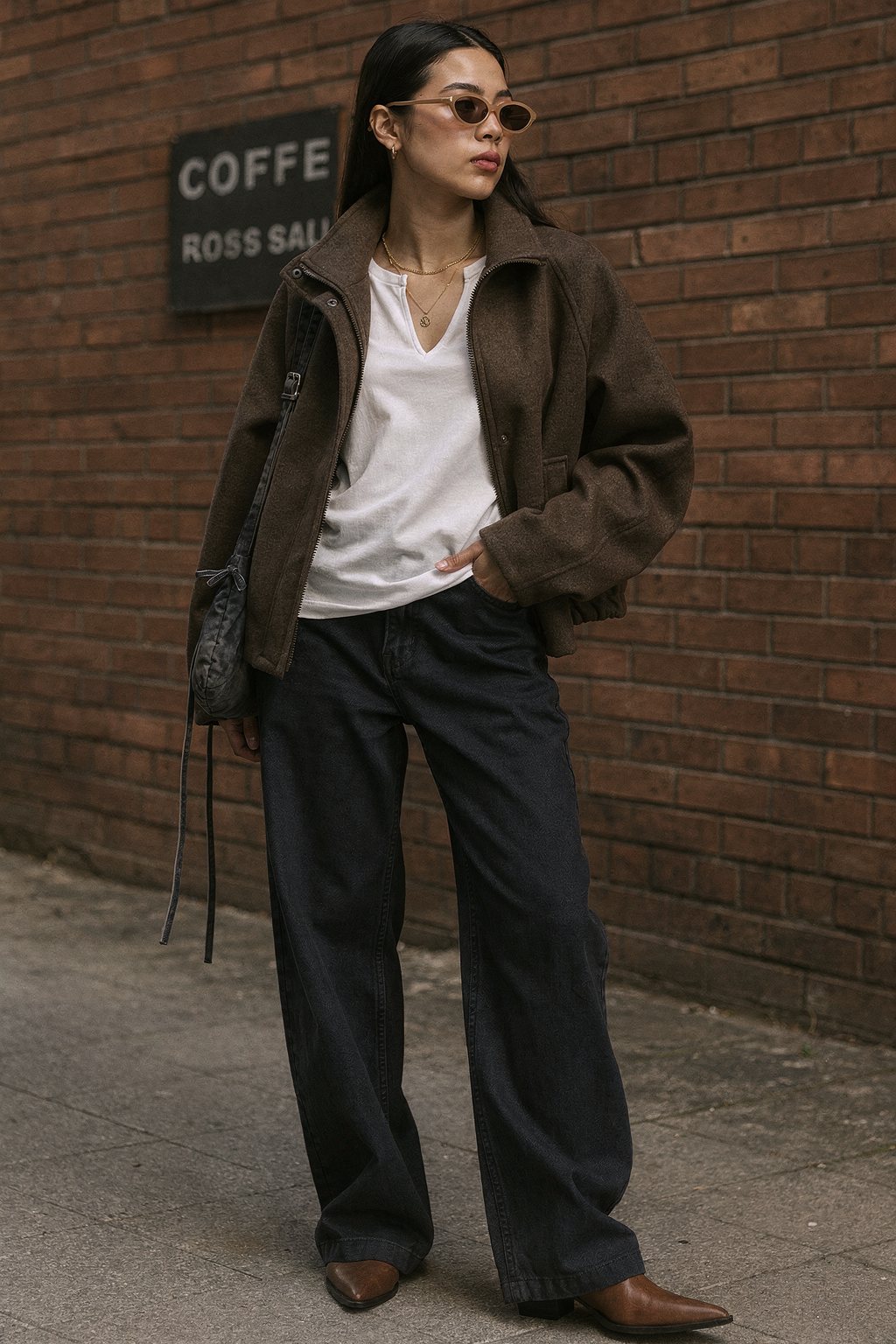 AI-generated image: Campus look for autumn with a brown jacket and loose jeans