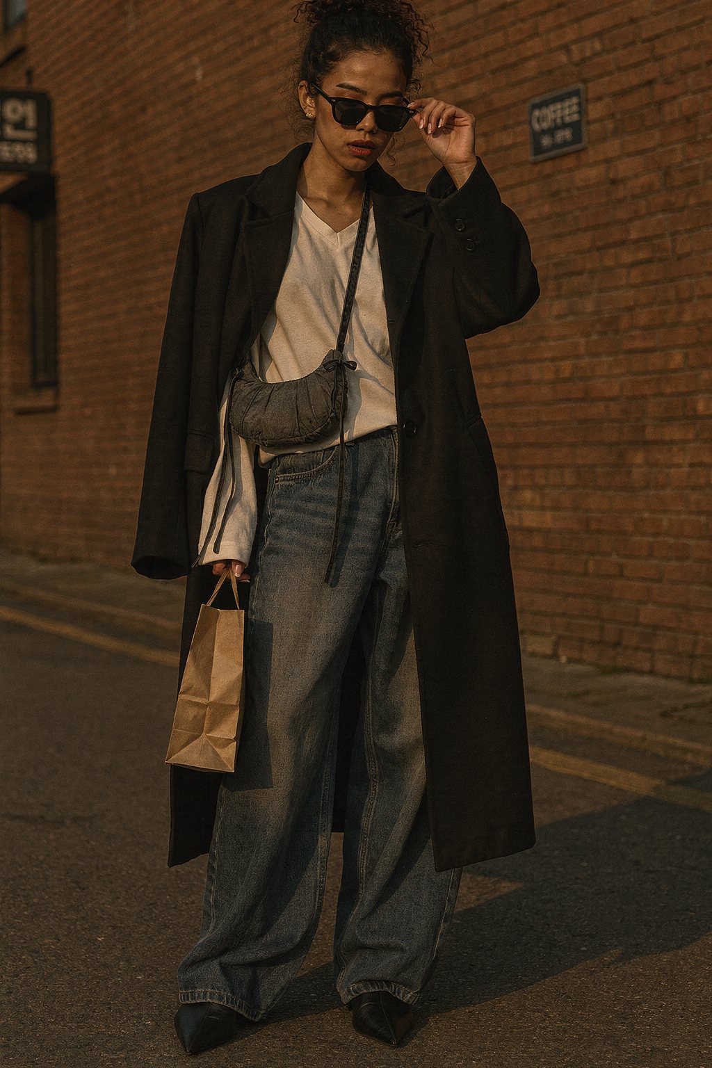 AI-generated image: Campus look for autumn with a black coat and loose jeans