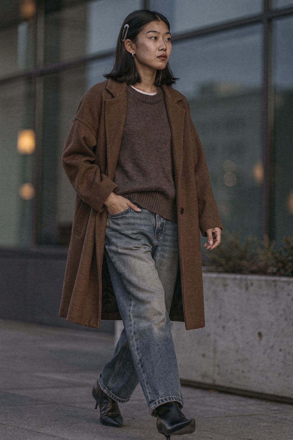 AI-generated image: Weekend look for autumn with a brown coat and loose jeans